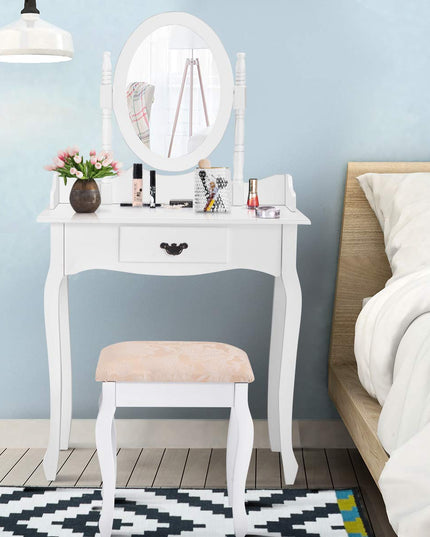 Giantex Bathroom Vanity Table Set w/Mirror Cushioned Stool Makeup Dressing Table Set