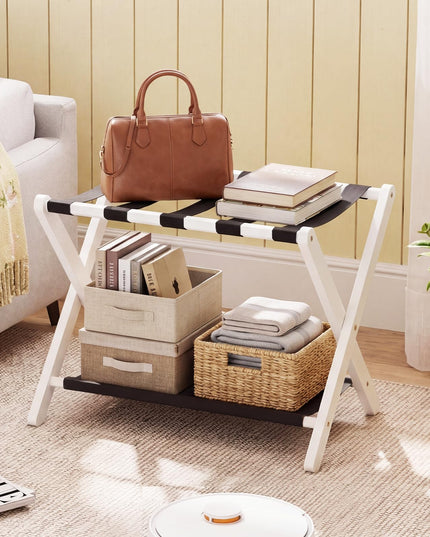 Giantex Folding Luggage Rack | Solid Rubber Wood Suitcase Stand with Storage Shelves (1/2)