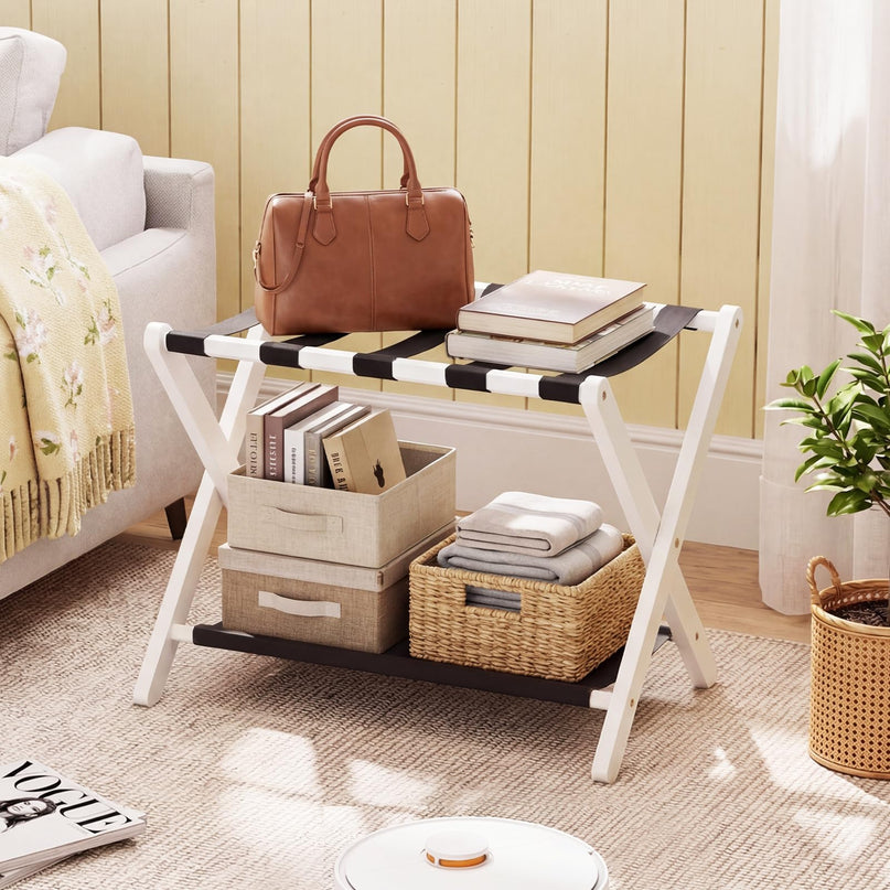 Giantex Folding Luggage Rack | Solid Rubber Wood Suitcase Stand with Storage Shelves (1/2)