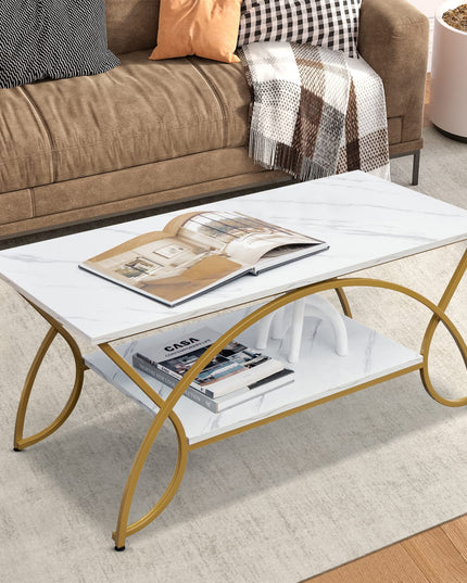 Table basse rectangulaire à 2 niveaux Giantex, table de cocktail moderne chic avec étagère de rangement ouverte, blanc/doré