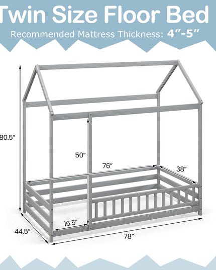 Giantex Twin Floor Bed with Fence, Wood Montessori Bed with Safety Guardrails and 80.5" High Roof Design