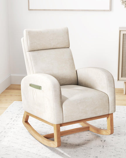 Giantex Fauteuil à bascule en chenille rembourré avec cadre en bois d'hévéa naturel