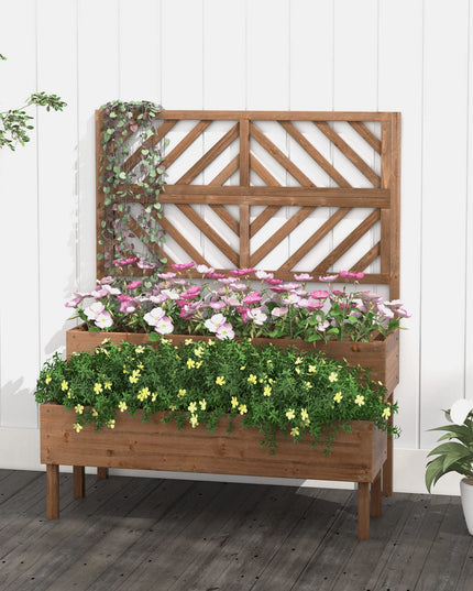 Giantex Raised Garden Bed with Trellis, 2-Tier Wooden Planter Box with Legs and Drain Holes (Brown)