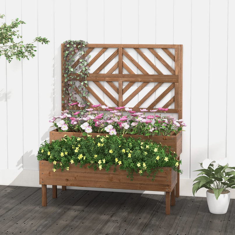 Giantex Raised Garden Bed with Trellis, 2-Tier Wooden Planter Box with Legs and Drain Holes (Brown)