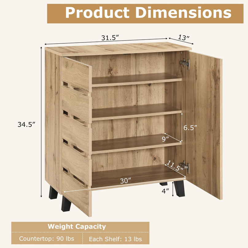 Giantex 4 Tier Farmhouse Shoe Rack Cabinet with 2 Slatted Doors & Removable Shelves