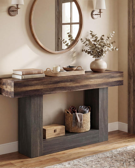 Giantex 63" Farmhouse Console Table with Storage Shelf - Rustic Brown