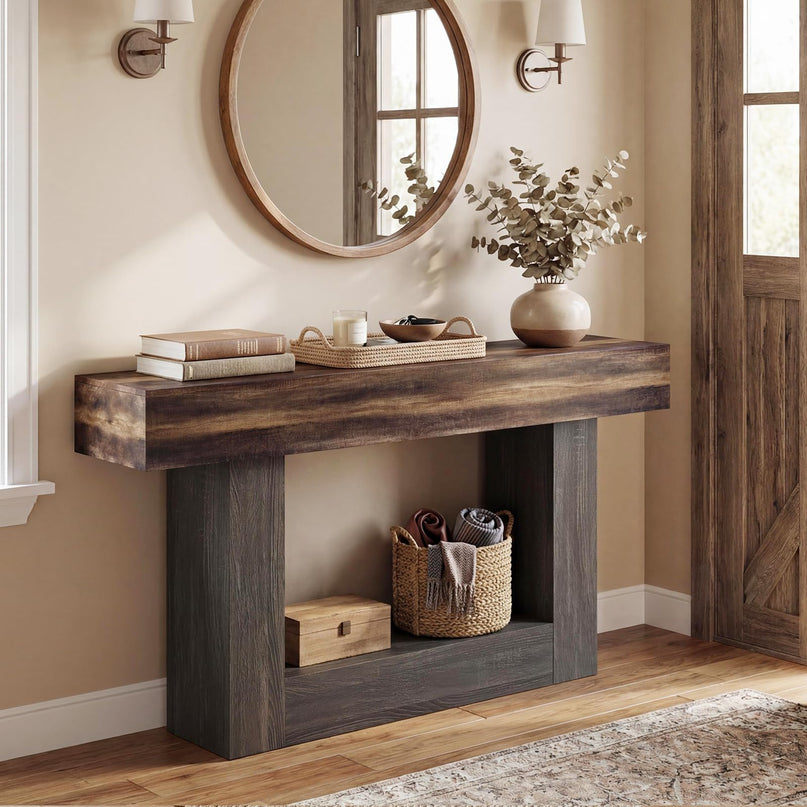 Console rustique Giantex de 160 cm avec étagère de rangement - Marron rustique