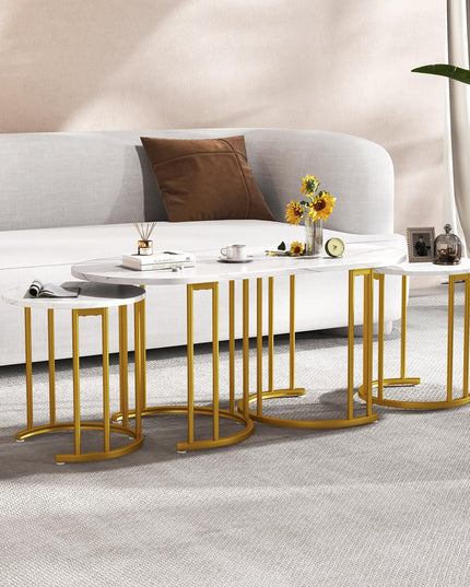 Lot de 3 tables basses gigognes Giantex, tables d'appoint empilables avec plateau en faux marbre et cadre en métal doré