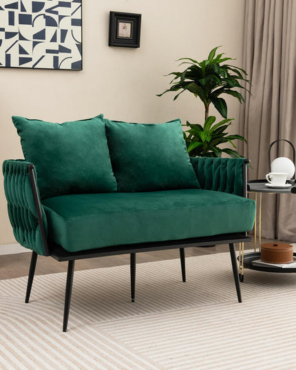 Giantex Loveseat Sofa, Upholstered 2 Seat Sofa Couch with Dutch Velvet, Woven Back and Arms, 2 Pillows