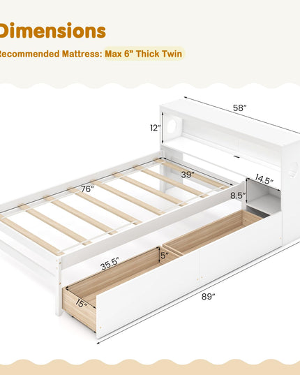 Giantex Wood Twin Bed Frame with Storage Drawer & Headboard, Modern Platform Bed with Charging Station & LED Light