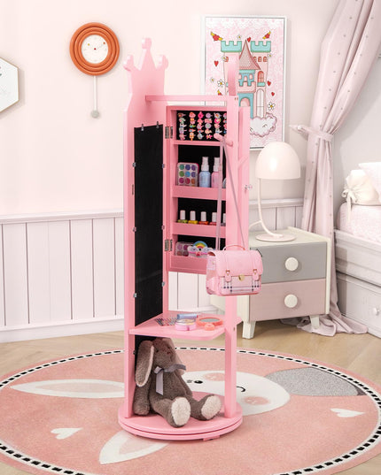 CHARMAID Kids Mirror Jewelry Cabinet - 360° Swivel Jewelry Armoire with Full Length Mirror