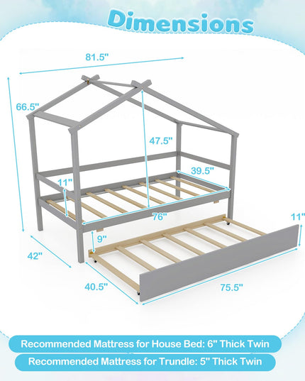 Giantex Wood House Bed for Kids, Twin Bed Frame with Trundle Bed Twin