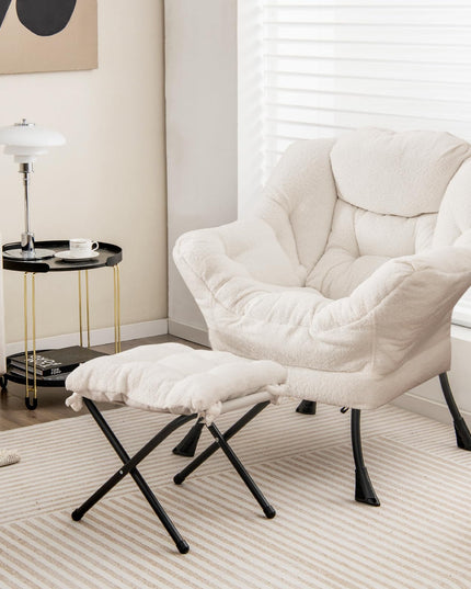 Giantex Set of 1/2 Lazy Chair with Folding Ottoman, Modern Sherpa Accent Chair w/Armrests & Pocket