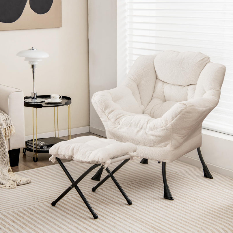 Giantex Set of 1/2 Lazy Chair with Folding Ottoman, Modern Sherpa Accent Chair w/Armrests & Pocket