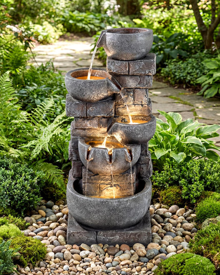 Giantex 5-Tier 33"H Cascading Stacked Stone Bowl Waterfall Fountain with LED Lights & Pump
