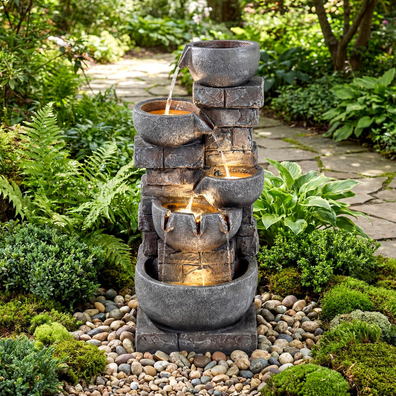 Giantex 5-Tier 33"H Cascading Stacked Stone Bowl Waterfall Fountain with LED Lights & Pump