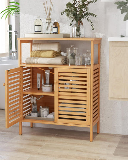 Giantex Storage Cabinet, Bamboo Bathroom Floor Cabinet with Double Louvered Doors