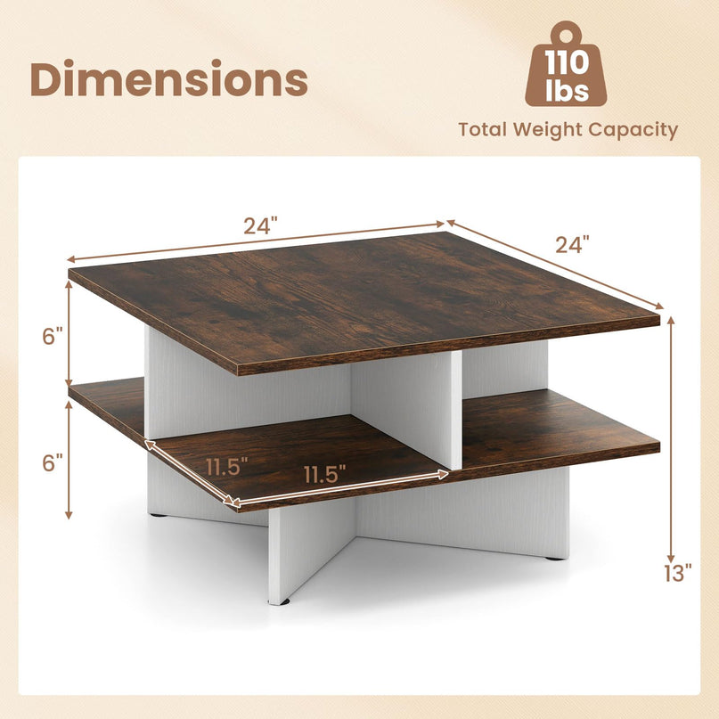 Giantex Square Coffee Table with 4 Storage Compartments & Cross Shape Base