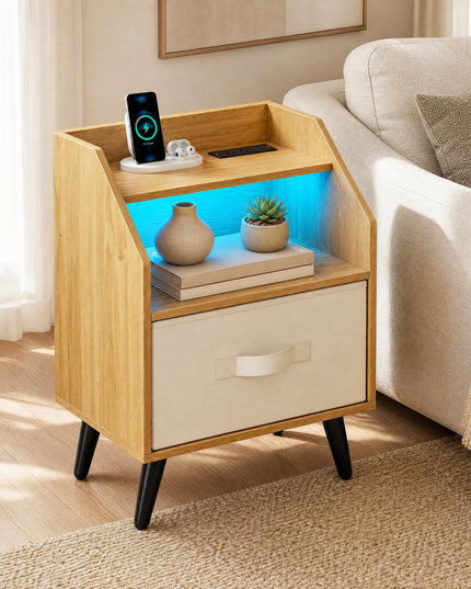 GIANTEX Modern LED Nightstand w/Charging Station & Fabric Drawer