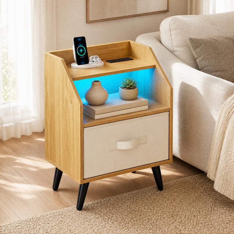 GIANTEX Modern LED Nightstand w/Charging Station & Fabric Drawer