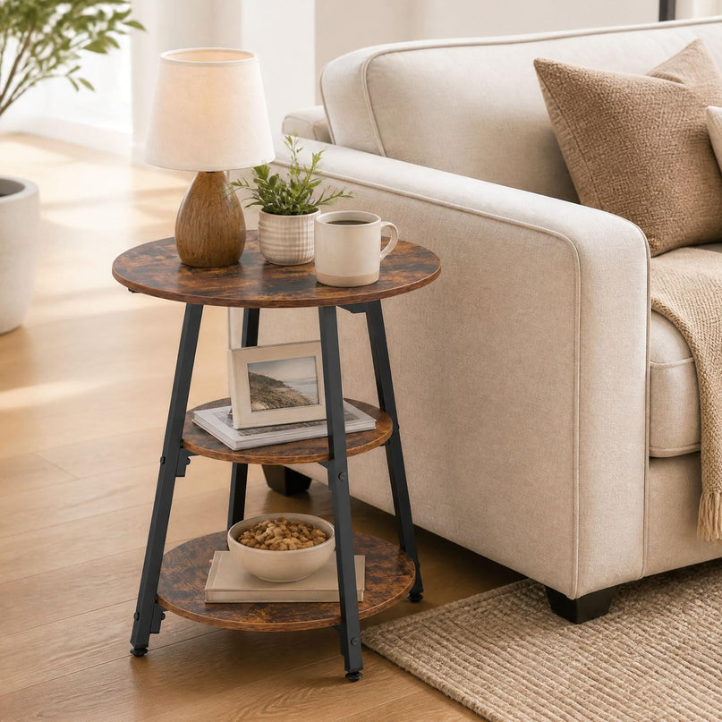 GIANTEX Round Industrial Side Table with Storage Shelves