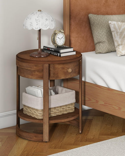 Giantex Round Side Tables Set of 1/2, 2-Tier Retro End Tables with Drawer & Shelf