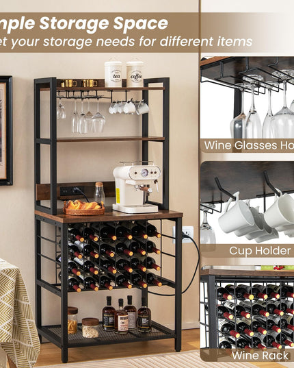 Giantex Bakers Rack with Storage Hutch, Power Outlet & USB Port, Coffee Bar 24-Bottle Wine Rack & Glass Holder