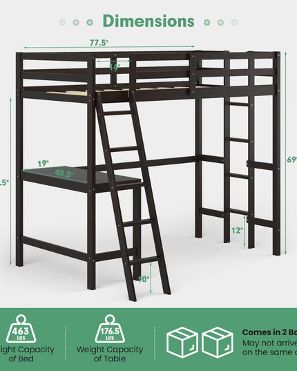 Giantex Twin Size Loft Bed with Desk, Solid Wood Loft Bed with 2 Ladders & Full Length Guardrail