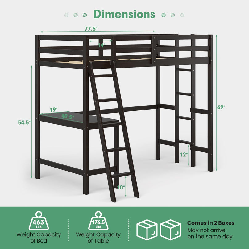 Giantex Twin Size Loft Bed with Desk, Solid Wood Loft Bed with 2 Ladders & Full Length Guardrail