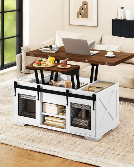 Table basse relevable de style rustique Giantex avec 2 portes coulissantes de grange et 3 compartiments de rangement cachés