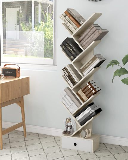 10-Tier Tree Bookshelf with Drawer, Beige - Giantex10-Tier Tree Bookshelf with Drawer, Beige - Giantex