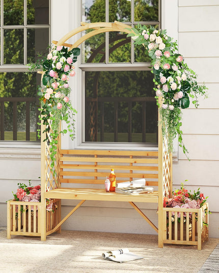 Giantex Outdoor Bench with Garden Arch & Planters for Backyard Lawn