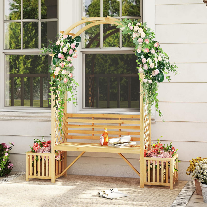 Giantex Outdoor Bench with Garden Arch & Planters for Backyard Lawn