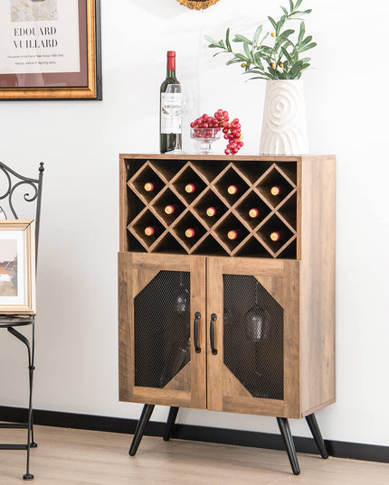 Giantex Farmhouse Buffet Cabinet with Storage, Wine Bar Cabinet 11 Bottles Rack (Brown & Black)