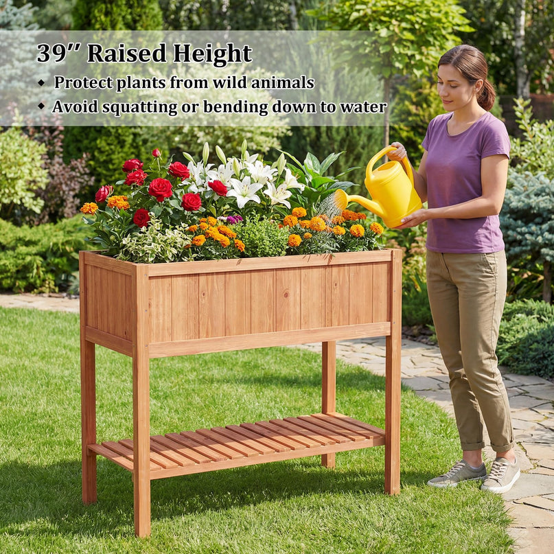 Giantex Raised Garden Bed Wood Planter Box with Plant Stand & Black Liner（40"x20"x39"）