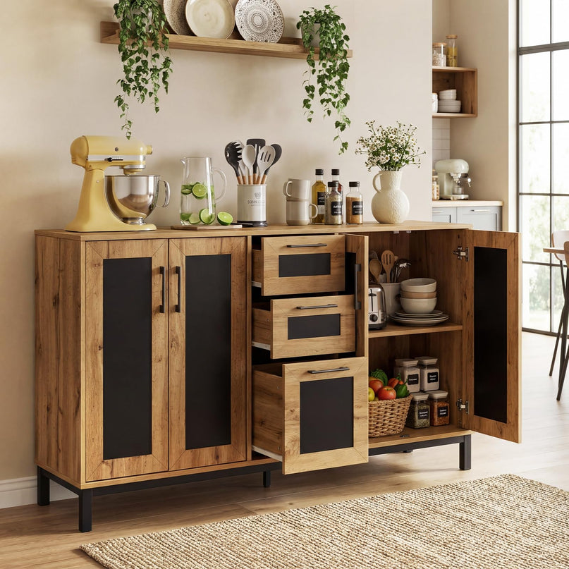 Giantex Buffet de style rustique de 160 cm avec 3 tiroirs et étagères de rangement