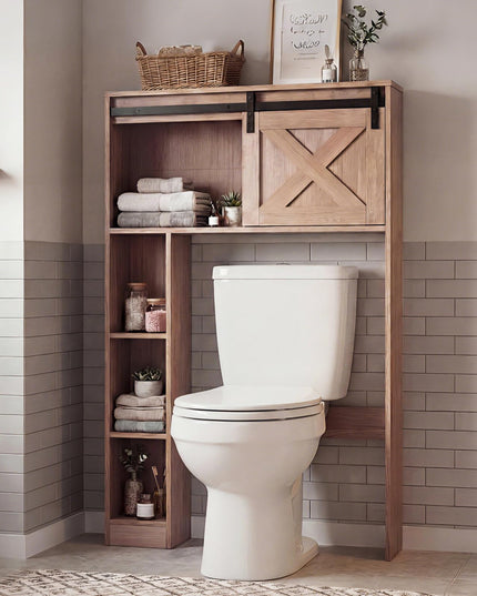 Giantex Over The Toilet Storage Cabinet - Freestanding Bathroom Organizer with Sliding Barn Door & Storage Shelves