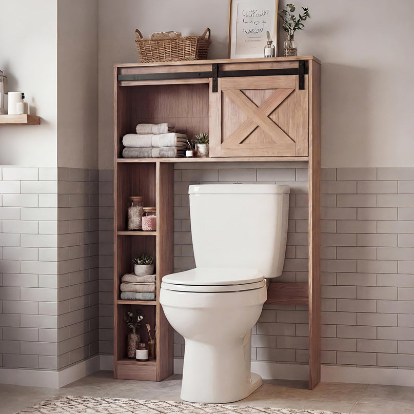 Meuble de rangement sur les toilettes Giantex - Organisateur de salle de bain autoportant avec porte de grange coulissante et étagères de rangement