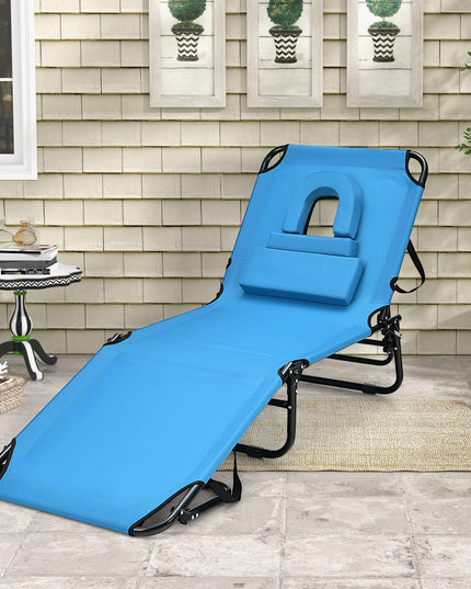 Giantex Folding Beach Tanning Chair - Adjustable Patio Lounge Chair w/Face Hole, Removable Pillows, Carry Strap