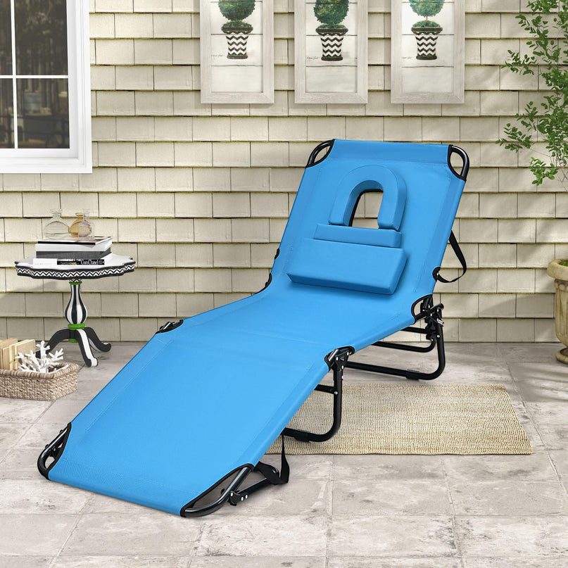 Giantex Folding Beach Tanning Chair - Adjustable Patio Lounge Chair w/Face Hole, Removable Pillows, Carry Strap