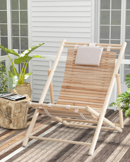 Giantex Wood Lounge Chair Outdoor - Folding Beach Chair with Detachable Headrest