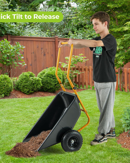 Giantex Dual-Wheel Wheelbarrow, Heavy-Duty Garden Utility Cart with Built-in Stand, Pneumatic Tires, 330 Lbs Capacity, Foldable Handle