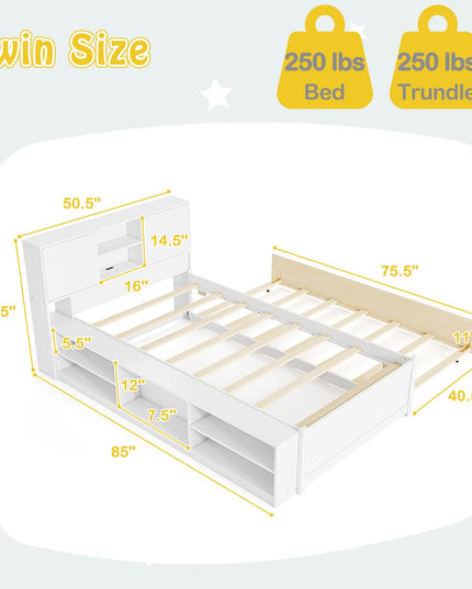 Giantex White Twin Size Bed Frame with Trundle and Bookcase Headboard