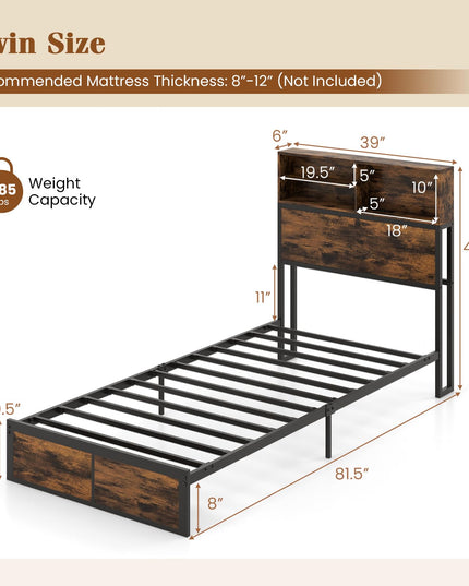 Giantex Bed Frame with Storage Headboard and Charging Station, Industrial Metal Platform Bed