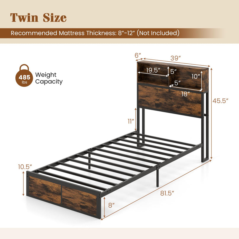Giantex Bed Frame with Storage Headboard and Charging Station, Industrial Metal Platform Bed