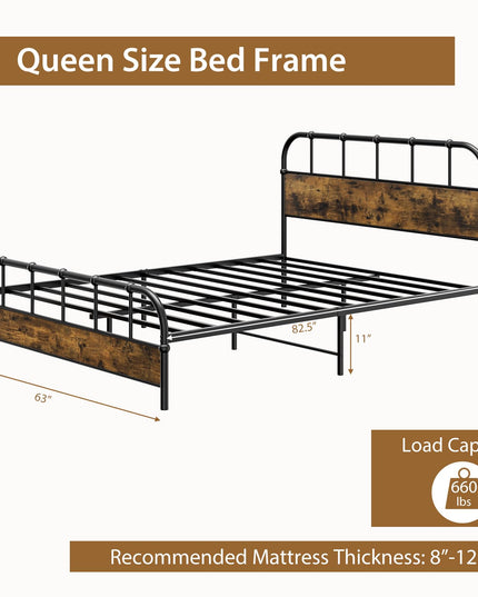 Giantex Queen Size Metal Bed Frame with Wood Headboard, Industrial Platform Bed Frame with Heavy Duty Metal Slat