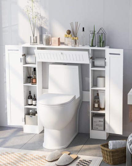 Over-The-Toilet Rack Bathroom Shelf Storage Cabinet Wooden Drop Door Freestanding Spacesaver Improvements, White