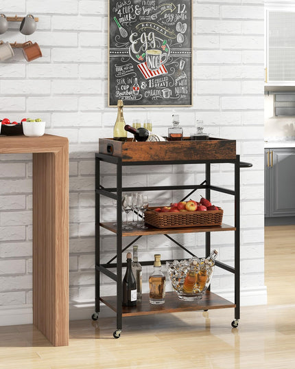 Giantex Rolling Bar Cart, 3-Tier Serving Cart with Removable Tray, 4 Lockable Universal Casters