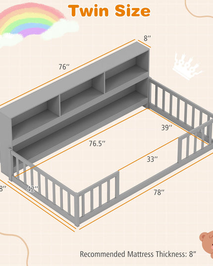 Giantex Twin Floor Bed with Bookcase for Kids