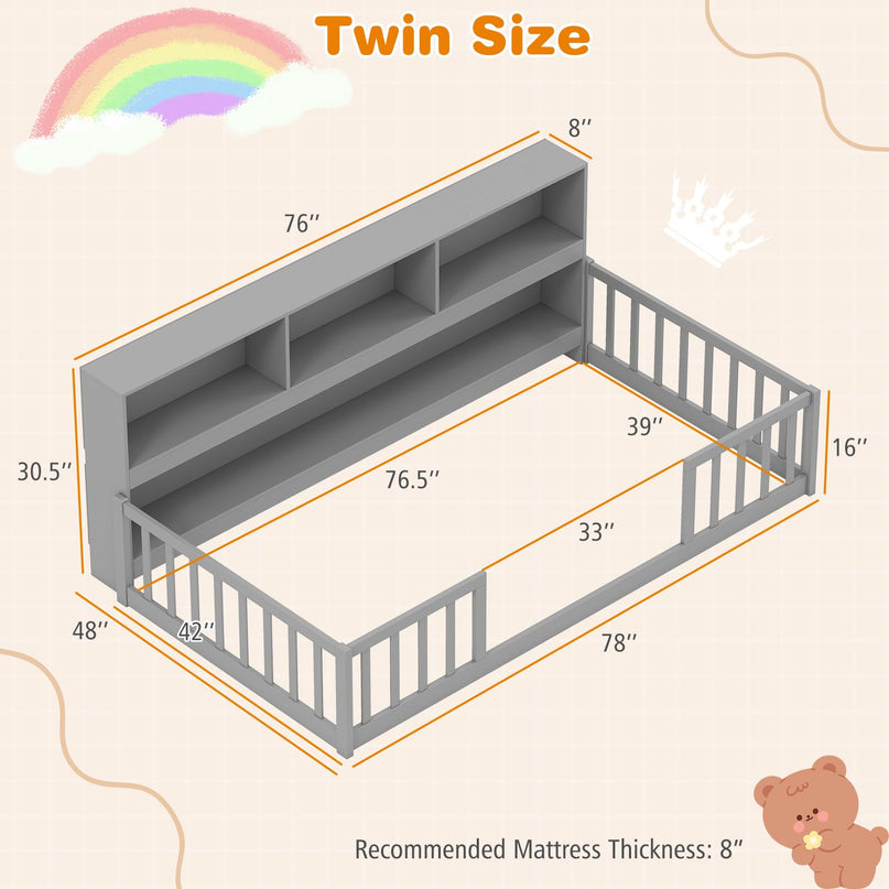 Giantex Twin Floor Bed with Bookcase for Kids